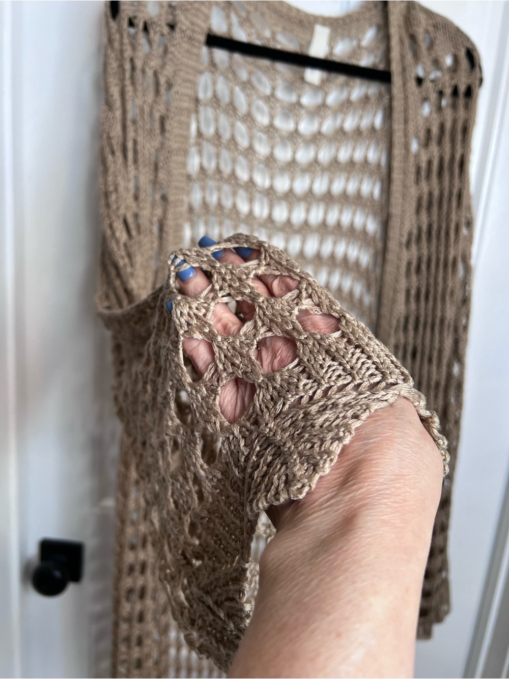 Primi Extra Long Taupe Open-Knit Crochet Duster Cardigan. Size Large. - Picture 9 of 12